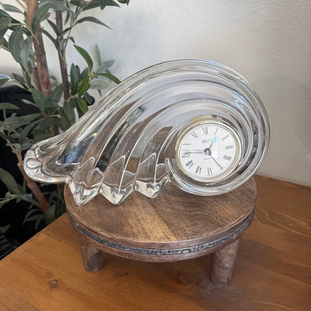 VTG Mikasa Crystal Wave Desk Clock Hermle Quartz Germany Roman Numeral Gold Tone